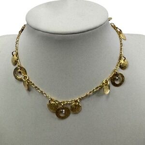 Gold Tone Hammered Disc Circle Charm Bracelet Bohemian Link Chain Y2K Statement